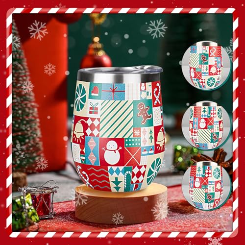 Christmas Wine Tumbler 12 oz Christmas Stainless Steel Wine Glass with Lid and Straw Stemless Double Wall Insulated Wine Cups Keeping Cold & Hot for Holiday Xmas Wedding Party Gifts