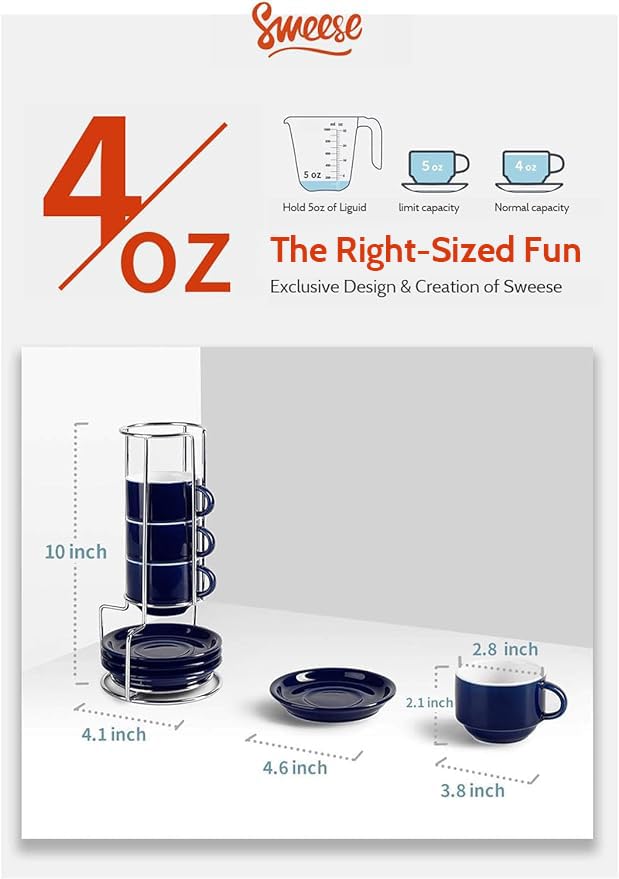 4 Ounce Porcelain Stackable Espresso Cups with Saucers and Metal Stand Set of 4 (4 Count)