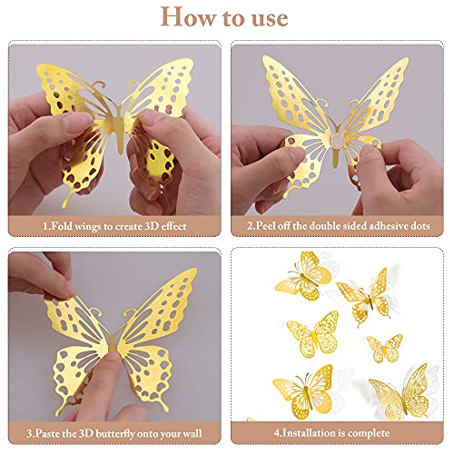 3D Butterfly Wall Decor 48 Pcs Gold Butterfly Birthday Decorations (48 Count)