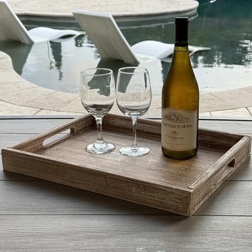 Wooden Tray 17"x13"x2" Vintage Beige Rectangle Stylish Rustic Farmhouse Decor Serving Platter