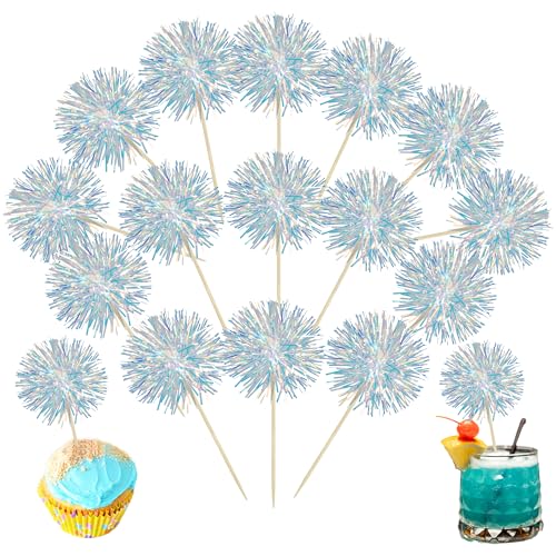 30Pcs Foil Firework Cupcake Toppers Sparkle Tinsel Cupcake Picks Drink Stirrers Cocktail Food Fruit Toothpicks for Baby Shower Graduation Party Supplies White (30 Count)