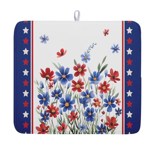 4th of July Dish Drying Mats for Kitchen Counter Patriotic Star Microfiber Absorbent Dish Drainer Rack Mat Summer Floral Independence Day Protector Sinks Dishes Pad for Countertop Table Decor 16”x18”
