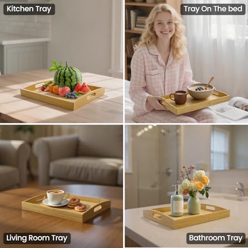 Set of 2 Bamboo Serving Trays with Handles