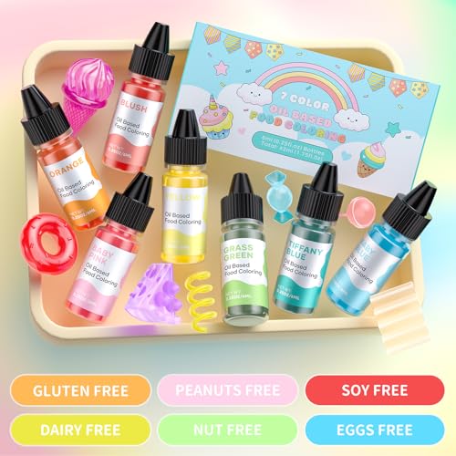 Oil Based Food Coloring for Chocolate Macaron Oil Edible Food Dye Set for Halloween Baking Royal Icing Cookie Supplies Gluten Free 7x6ml Food Grade Food Color Kit (2.8 Fl Oz)