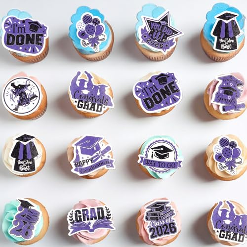 48Pcs Edible Graduation Cap 2026 Cupcake Toppers Wafer Paper Grad Cap Diploma Cake Decoration Picks for 2026 Grad Theme Party Cake Decor Supplies Purple White (48 Count)
