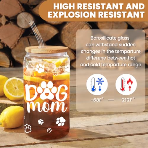 Dog Mom Cup 16 Oz Can Glass Coffee Mug with Bamboo Lid & Straw