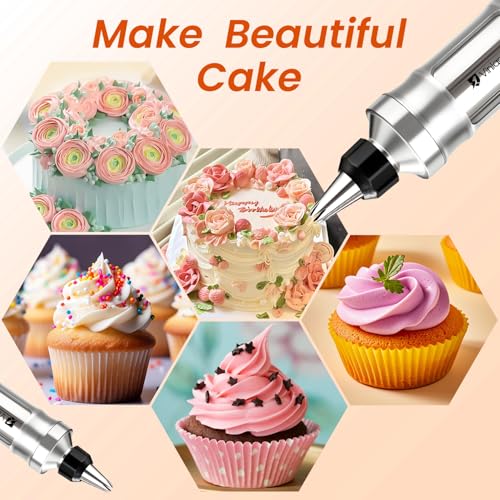 Dessert Decorating Syringe Set Icing Piping Kit Frosting Piping Kit Stainless Steels Cake Decorating Kit with 10 food grade stainless steel piping tips & 50 Disposable Piping Bags Black (63 Count)