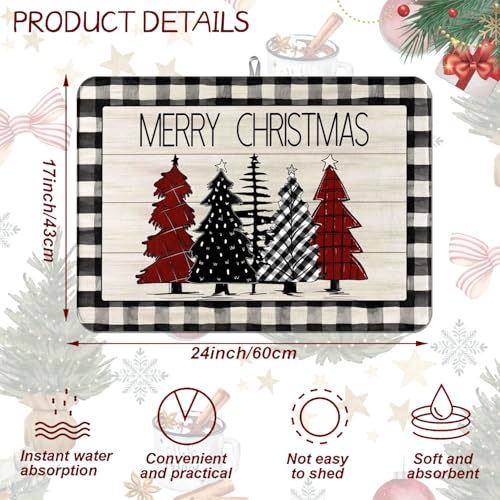 Christmas Tree Dish Drying Mat Buffalo Plaid Merry Christmas Absorbent Kitchen Drying Mat Polyester Dish Drying Pad for Kitchen Counter Farmhouse Coffee Bar Decor