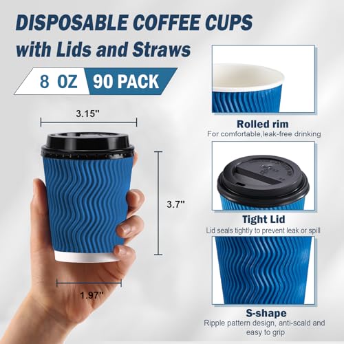 90 Pack 8 oz Disposable Coffee Cups with Lids and Straws (90 Count)