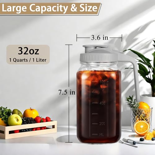 32oz (1 quart) Glass Pitcher with Lid, Mason Jar Pitcher, Glass Container