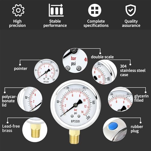 0 200 Psi Glycerin Liquid Filled Low Pressure Gauge