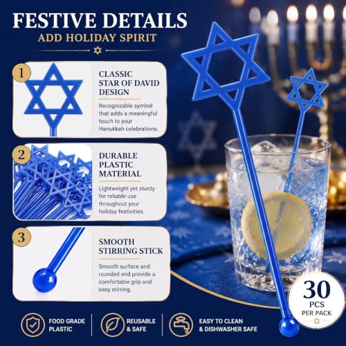 30 Pcs Hanukkah Drink Stirrers Hexagram Star Stir Sticks (30 Count)