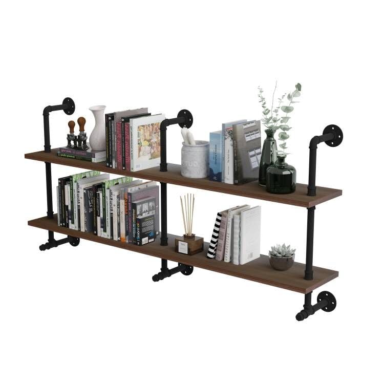 Industrial Pipe Wall Shelves Pipe Shelving with Real Wood Plank 60 Inches