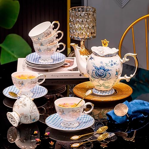 Blue Floral Porcelain Tea Set with 6 Cups and Saucers
