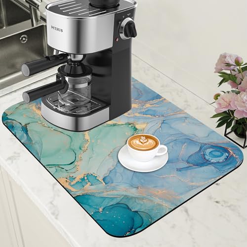 Turquoise and Blue Marble Coffee Mat Absorbent Dish Drying Mat for Kitchen Counter Hide Stain Rubber Backed Coffee Bar Accessories Fit Under Espresso Machine Dish Drainer