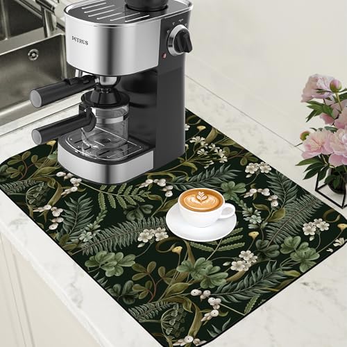 White Flowers and Berries Coffee Mat Fern and Leaves Dish Drying Mat Absorbent Hide Stain Rubber Backed Coffee Bar Accessories Fit Under Espresso Machine Cafe Table