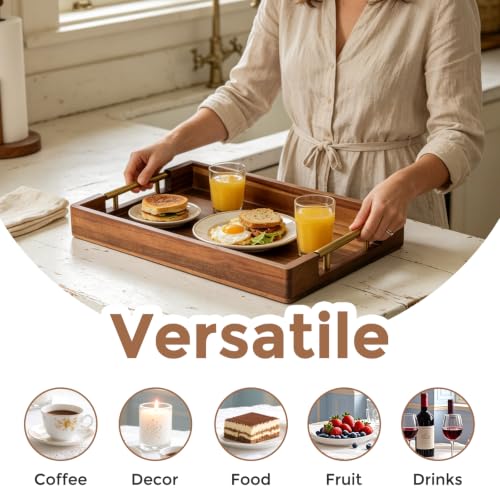 Acacia Wood Serving Tray with Golden Handles