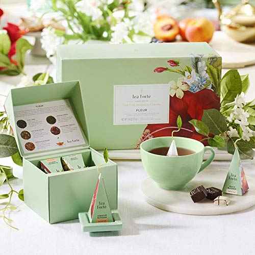 Tea Forte Fleur 3-Piece Premium Tea Gift Set with Pale Mint Green Cafe Cup with Lid, Tea Tray and 10 Assorted 2 of Each Variety Organic Handcrafted Pyramid Infuser Tea Bags