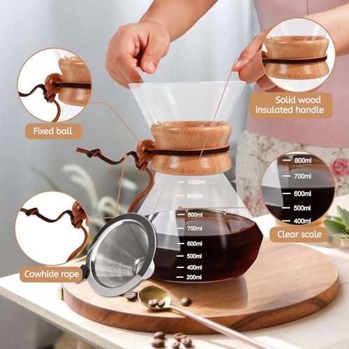 Pour Over Coffee Maker 1000ml with 304 Stainless Steel Filter Wooden Collar Holder Borosilicate Glass Drip Coffeemaker Server Set Clear Hand Brew Dripper Carafe for Home Camping Travel 33.8oz
