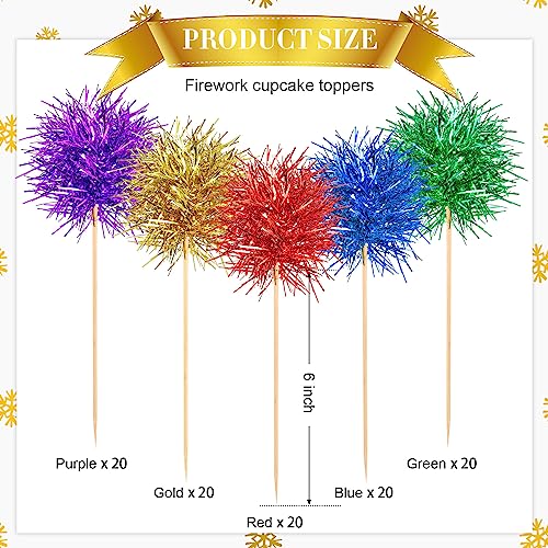 100 Pcs Foil Firework Cupcake Toppers Sparkle Tinsel Cake Toppers Cake Decoration Cocktail Fruit Toothpick for Birthday Wedding Graduation Party
