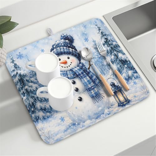 Winter Snowman Decorations Dish Drying Mat 16x18 Inch