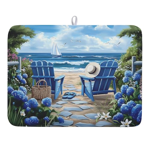 Summer Beach Dish Drying Mat 18x24 Inch Sea Shells Flowers Kitchen Mats Blue Microfiber Absorbent Dish Drainer Rack Mats Non