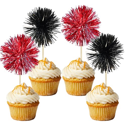 30Pcs Foil Firework Cupcake Toppers Sparkle Tinsel Cake Toppers Tinsel Drink Cake Decoration Cocktail Picks for Birthday Wedding Graduation Party Supplies Black Red (30 Count)