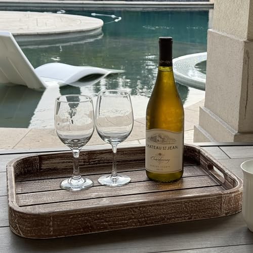 Wooden Tray 17""x13""x2"" Washed Tan Color Rounded Rectangle Stylish Rustic Farmhouse Decor Serving Platter
