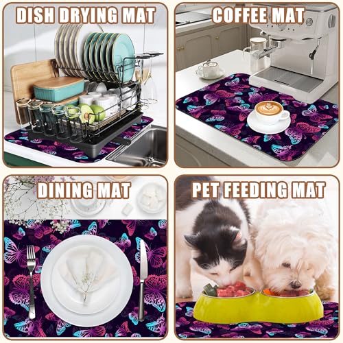 Dish Drying Mat Purple Butterflies Coffee Bar Mat for Countertop Absorbent Rubber Backed Hide Stain Dish Drainer Rack Pad Coffee Pot Espresso Machine Dining Room Decoration 11.8 x 19.7 Inch