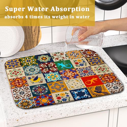 Mexican Tile Dish Drying Mat 16"x18" Talavera Boho Floral Print Dish Drainer Mats Rustic Ethnic Traditional Reversible Small Dish Drying Pad Protector for Kitchen Countertop Decor