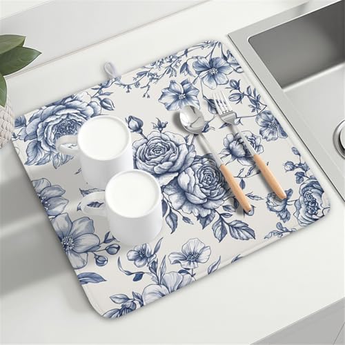 Vintage Floral Dish Drying Mat for Kitchen Counter Blue Floral Chinoiserie Pattern Dish Drying Pad 16x18 In Absorbent French Farmhouse Decor Dishes Drainer Pad Dish Dry Rack Mat for Counter Coffee Bar