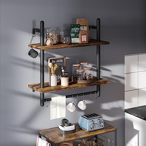24" 2 Tier Industrial Pipe Wall Shelf with 8 Hooks
