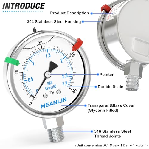 0~40Psi Liquid Filled Pressure Gauge Stainless Steel 2.5" FACE DIAL 1