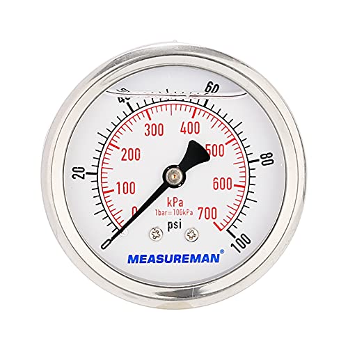 2-1/2inch Dial Size, Glycerin Filled Pressure Gauge, 0-100psi/kpa, 304 Stainless Steel Case, 1/4 Inch NPT Center Back Mount