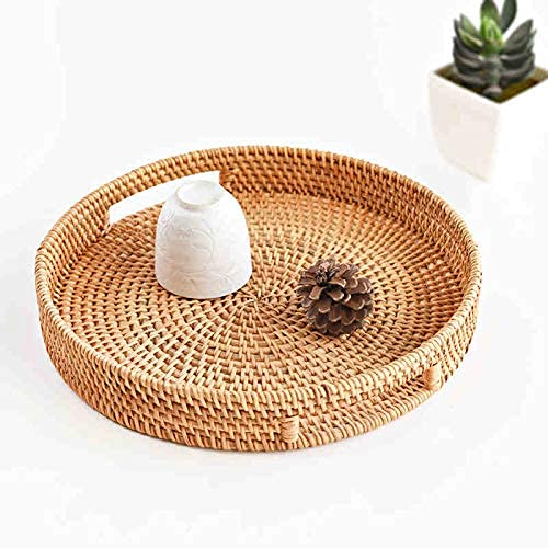 Coffee Table Tray Round Rattan Ottoman Tray Woven Serving Trays with Handles for Home and Kitchen Decorative Natural