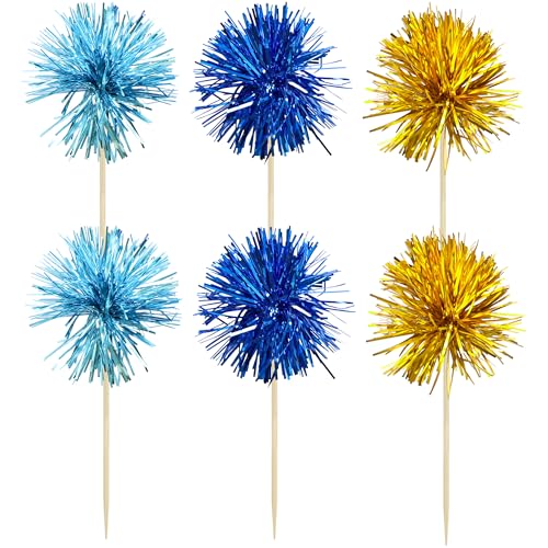 30Pcs Foil Firework Cupcake Toppers Sparkle Tinsel Cake Toppers Tinsel Drink Cake Decoration Cocktail Picks for Birthday Wedding Graduation Party Supplies Gold Light Dark Blue (30 Count)