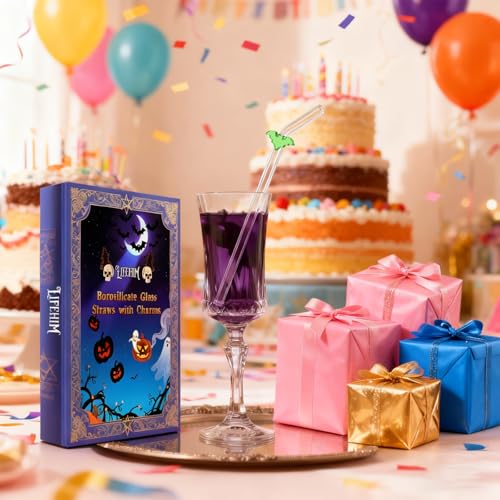 8 Pack Multicolor Bat Borosilicate Glass Straws with Charms (8 Count)