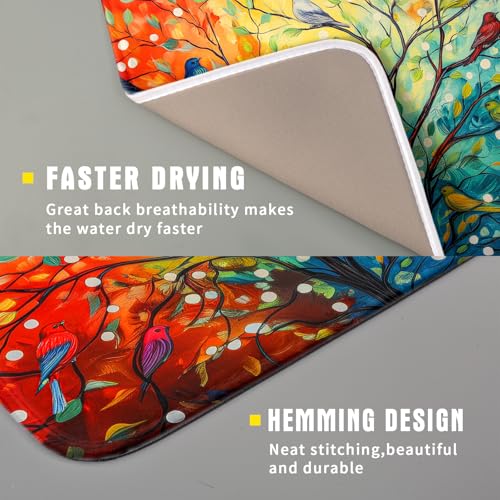 Colorful Spring Summer Tree Bird Dish Drying Mats for Kitchen Counter 16”x18” Absorbent Reversible Microfiber Spring Floral Dish Drying Pad Seasonal Flowers Mat Dish Draining Mat for Countertop Decor