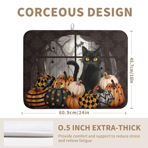 Halloween Black Cat Dish Drying Mat Fall Halloween Pumpkins Large Kitchen Mats Dish Drying Pad Absorbent Dish Dryer Mat for Kitchen Countertops Microfiber Drainer Pad Dish Drying Mats