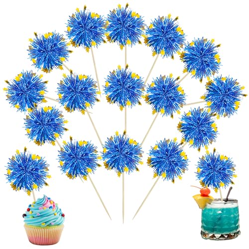 30Pcs Foil Firework Cupcake Toppers Firework Cake Toppers Tinsel Flower Drink Stirrers Cocktail Food Fruit Toothpicks for Valentine's Day Party Decorations Blue (30 Count)
