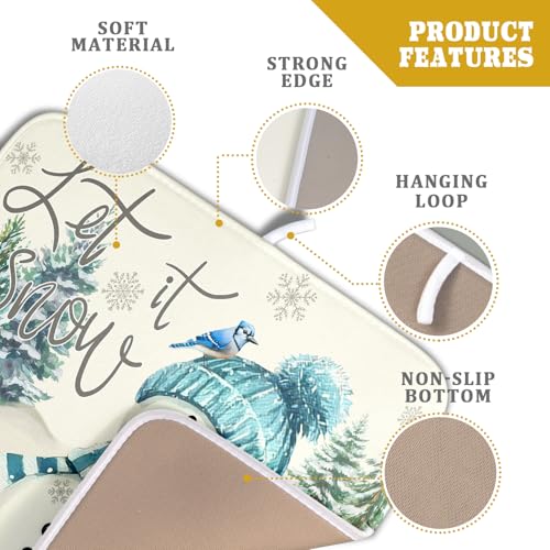 Blue Snowman Dish Drying Mat Xmas Trees Bird Winter Snowy Scene Dish Drainer Mats 16"x18" Microfiber Reversible Dish Drying Rack Pad Protector for Kitchen Countertop Decor