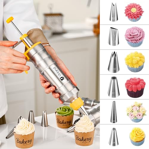 Dessert Decorating Syringe Set Icing Piping Kit Frosting Piping Kit Stainless Steels Cake Decorating Kit with 10 food grade stainless steel piping tips & 50 Disposable Piping Bags Yellow (63 Count)