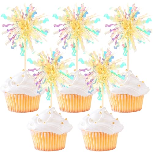 30 PCS Foil Firework Cupcake Toppers Sparkle Tinsel Cupcake Picks Happy Birthday Cake Decorations Drink Stirrers Cocktail Food Fruit Toothpicks for Baby Shower Graduation Party Supplies Yellow (30 Count)