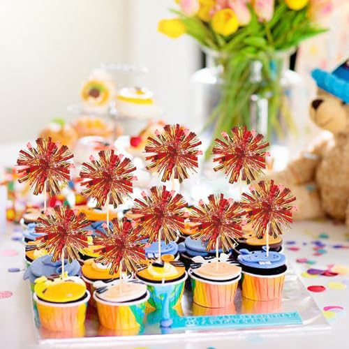 30 PCS Foil Firework Cupcake Toppers Sparkle Tinsel Cupcake Picks Happy Birthday Cake Decorations Drink Stirrers Cocktail Food Fruit Toothpicks for Baby Shower Graduation Party Supplies Red Gold (30 Count)