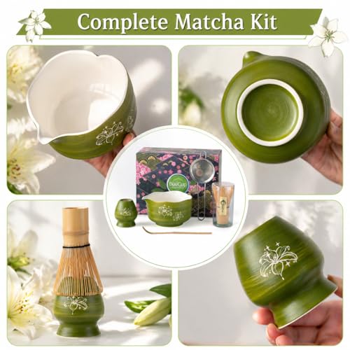 Matcha Set Avocado Green Ceramic Bowl Kit with Spout (5 Count)