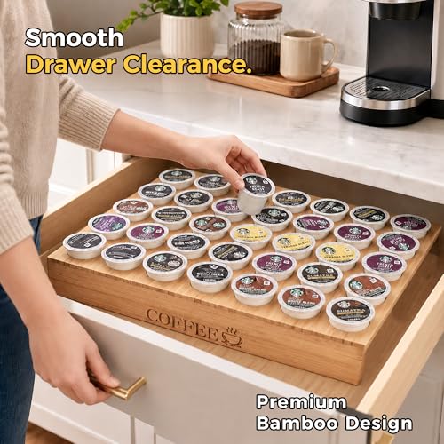 BamBoo k cup holder Drawer or Countertop k cup Organizer Coffee Pod Holder Hold 35 Coffee Pod Storage Kcup coffee pods holder for coffee station Office and Kitchen k cup storage