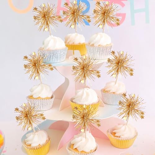 30 PCS Foil Firework Cupcake Toppers Happy Birthday Cake Toppers Star Sparkle Tinsel Flower Drink Stirrers Cocktail Fruit Toothpicks for Valentine's Day Baby Shower Birthday Party Supplies Gold (30 Count)