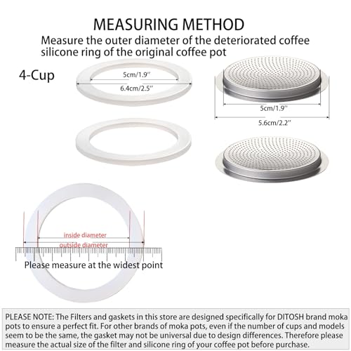 2 Pcs Filter with 3 Pcs Silicone Gasket Seals for 4 Cup Stovetop Espresso Coffee Maker Replacement Parts for Big Tummy and Straight Stainless Steel Moka Pot (6 Count)