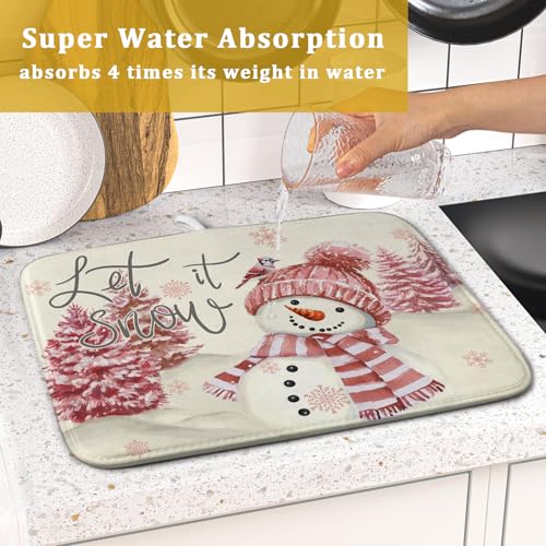 Pink Snowman Dish Drying Mat Xmas Trees Bird Winter Snowy Scene Dish Drainer Mats 16"x18" Microfiber Reversible Dish Drying Rack Pad Protector for Kitchen Countertop Decor