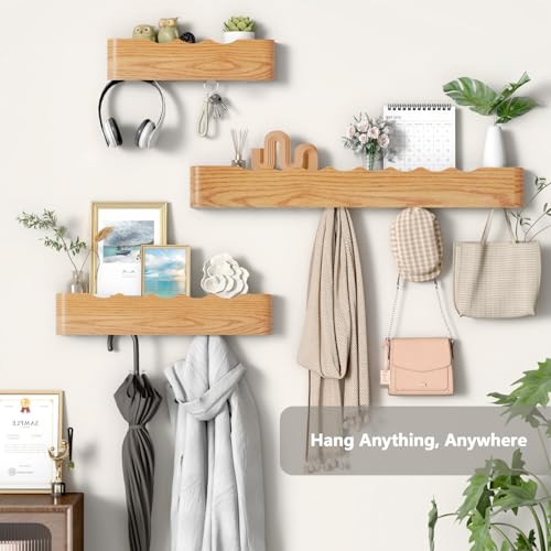 Wooden Wall Mounted Coat Rack with Shelf and Hidden Metal Hooks